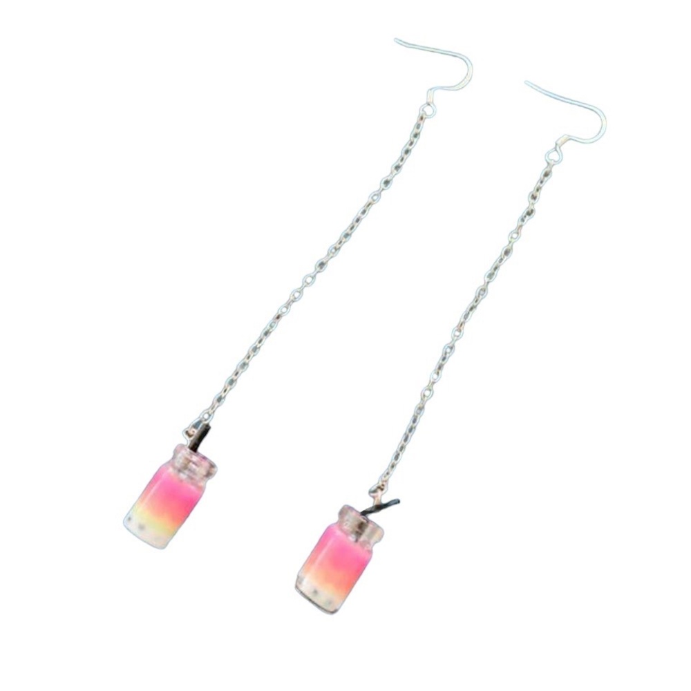 Pink & Green Bubble Tea Resin Bead Long Drop Earrings